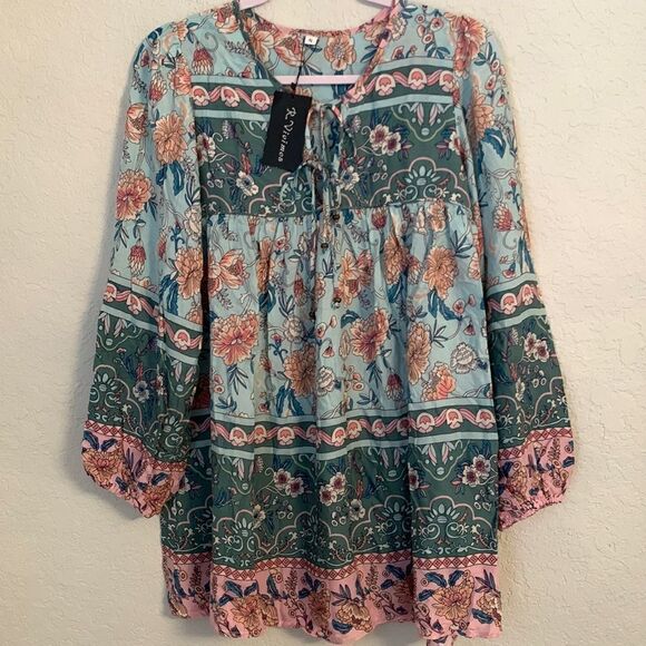 NWT R. Vivitos Lightweight Boho Cotton Multicolor Tunic Size S - Picture 1 of 8